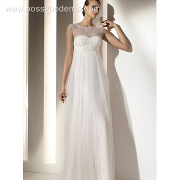 Empire Sheath Column Bateau Neck Floor-length Chiffon Lace Draped Wedding Dress1